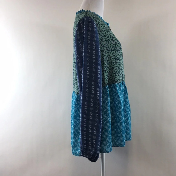 Logo Lori Goldstein Blue Floral Patchwork Grechen Tunic Shirt Womens XS Blouse - Picture 2 of 12